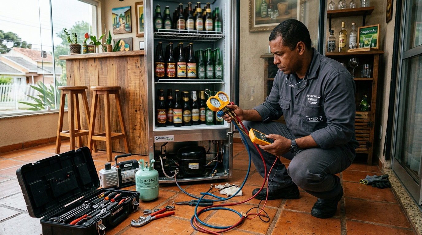 Profissional executando reparo no motor de cervejeira em Cabo Frio‑RJ