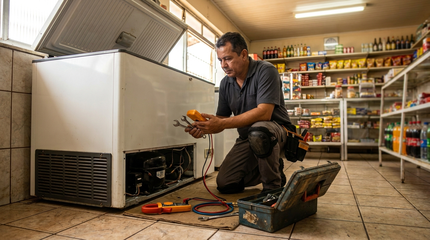 Profissional executando manutenção no motor de freezer em Cabo Frio‑RJ