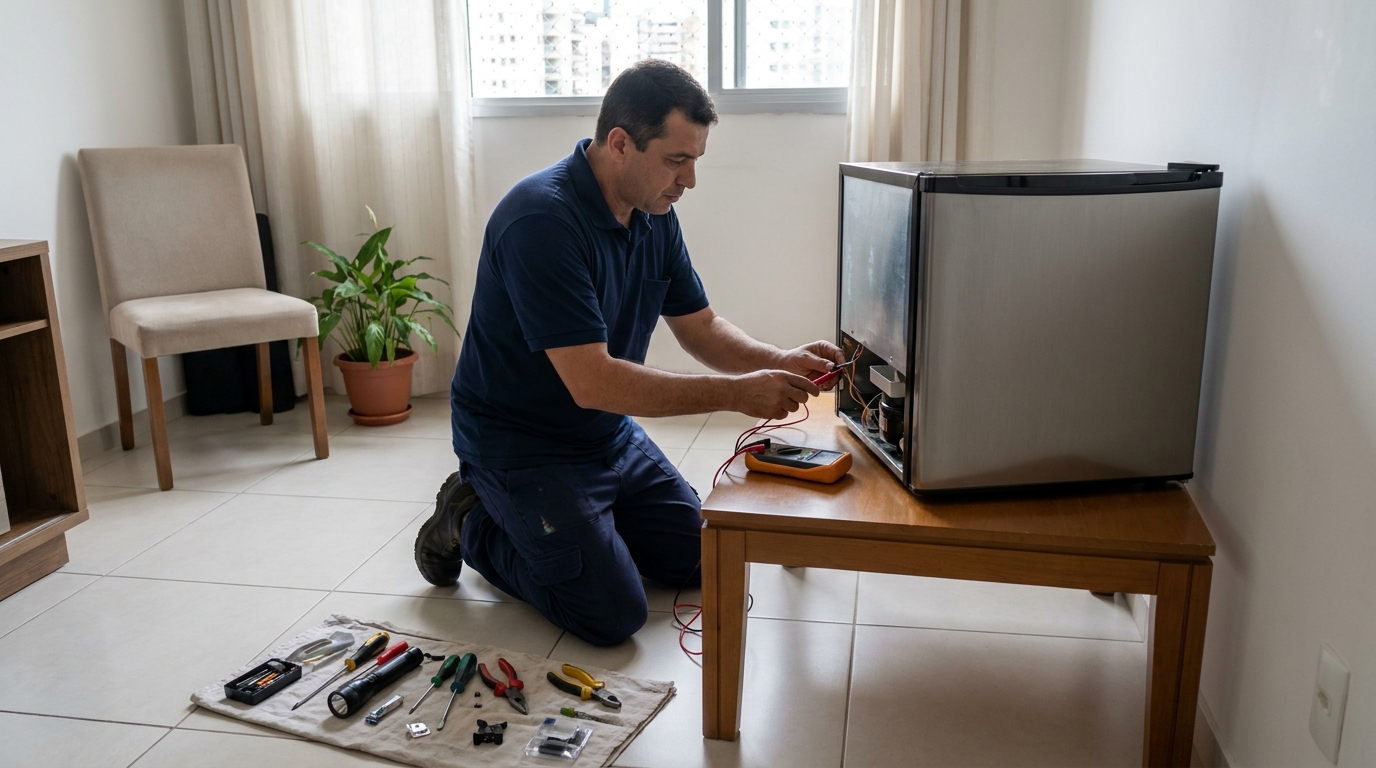 Técnico fazendo manutenção do motor de frigobar em Cabo Frio‑RJ