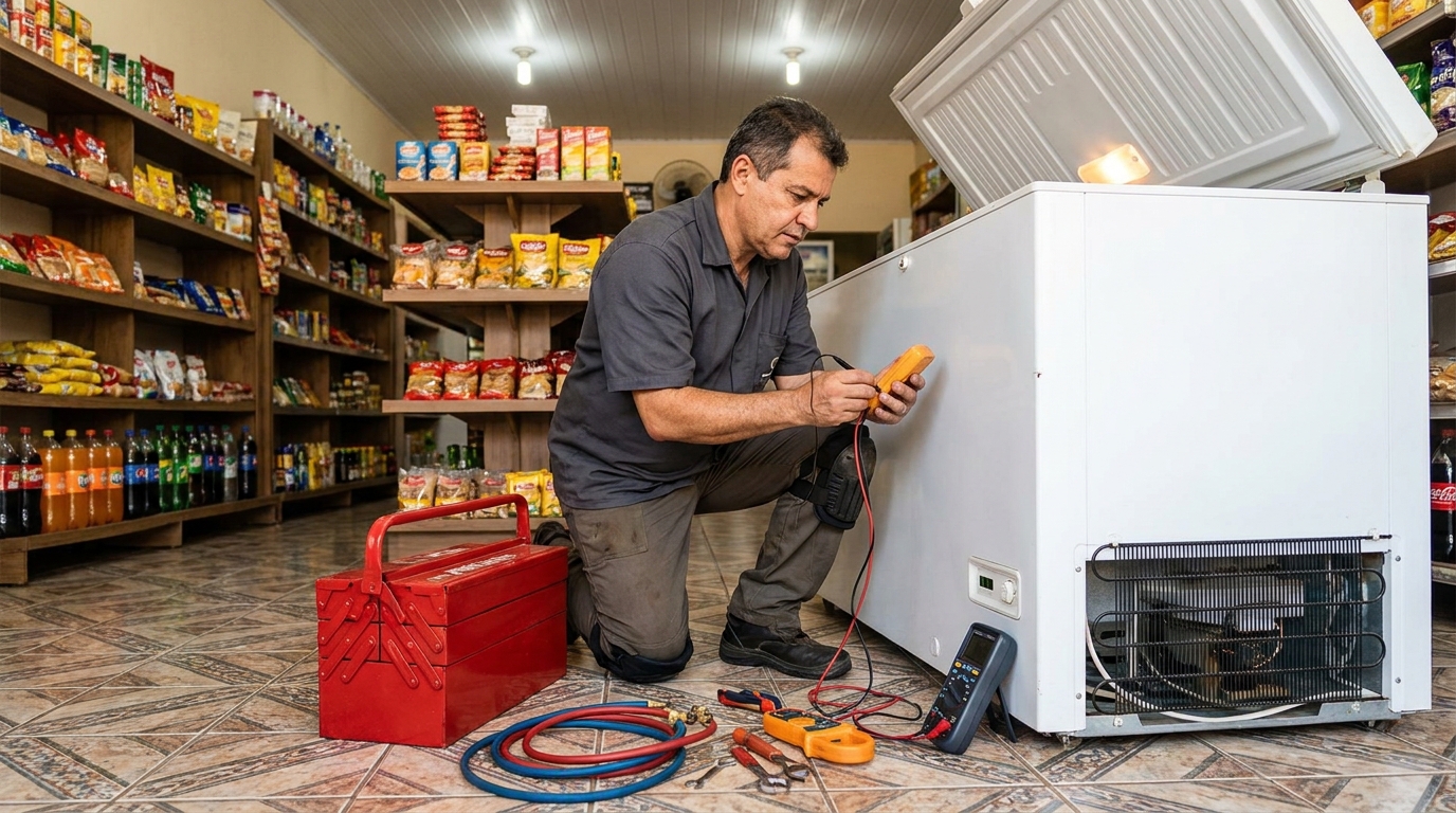Recarga de gás refrigerante no freezer durante atendimento em Cabo Frio‑RJ