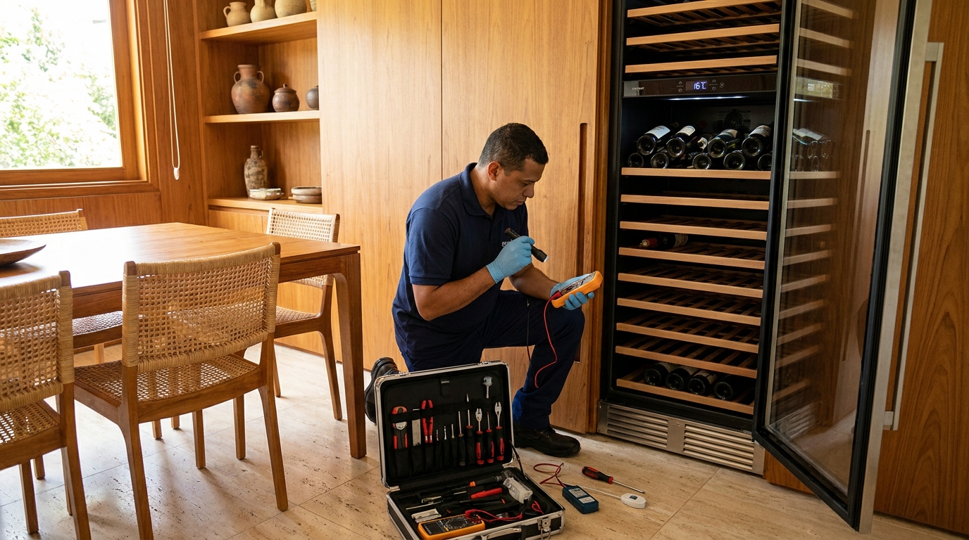 Substituição de termostato em adega climatizada em visita técnica em Cabo Frio‑RJ